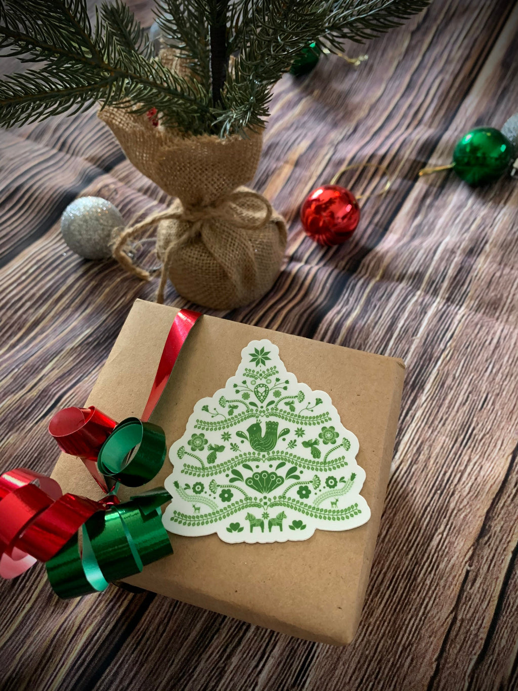 Scandinavian Christmas Tree Vinyl Sticker - Nordic Holiday Decal